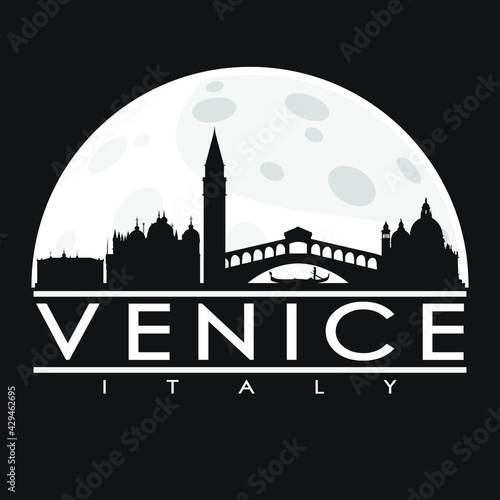 Venice Italy, Full Moon Night Skyline Silhouette Design City Vector Art Illustration Background.