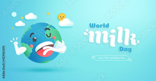 World milk day vector illustration.World smiling and cheerful cartoon drinking a glass of milk and show strength arm healthy to join the celebration with friends sun,moon,cloud.