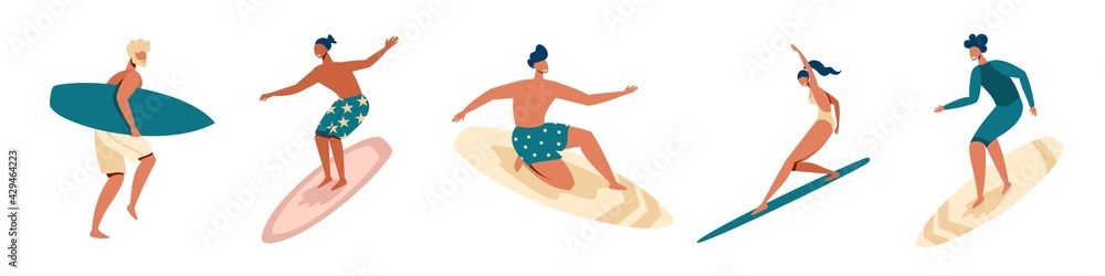 Vector set of surfers. Cool young people are surfing. Girls and boys are surfing.