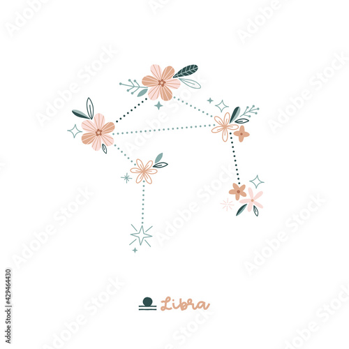 Flower Libra zodiac sign clip art isolated on white. Celestial floral daisy constellation vector illustration. Magical Boho spiritual bloomy astrological design.