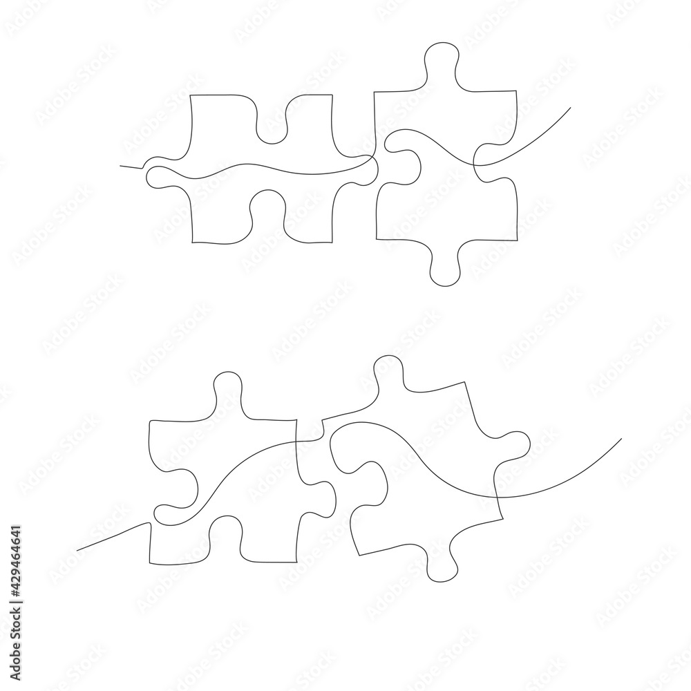 Continuous one line drawing pieces puzzle on white background. Vector hand drawn illustration.