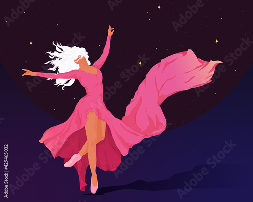 Woman ballet dancing  in red dress under the stars