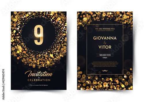 9th years birthday vector black paper luxury invitation double card. Nine years wedding anniversary celebration brochure. Template of invitational for print on dark background with bokeh lights