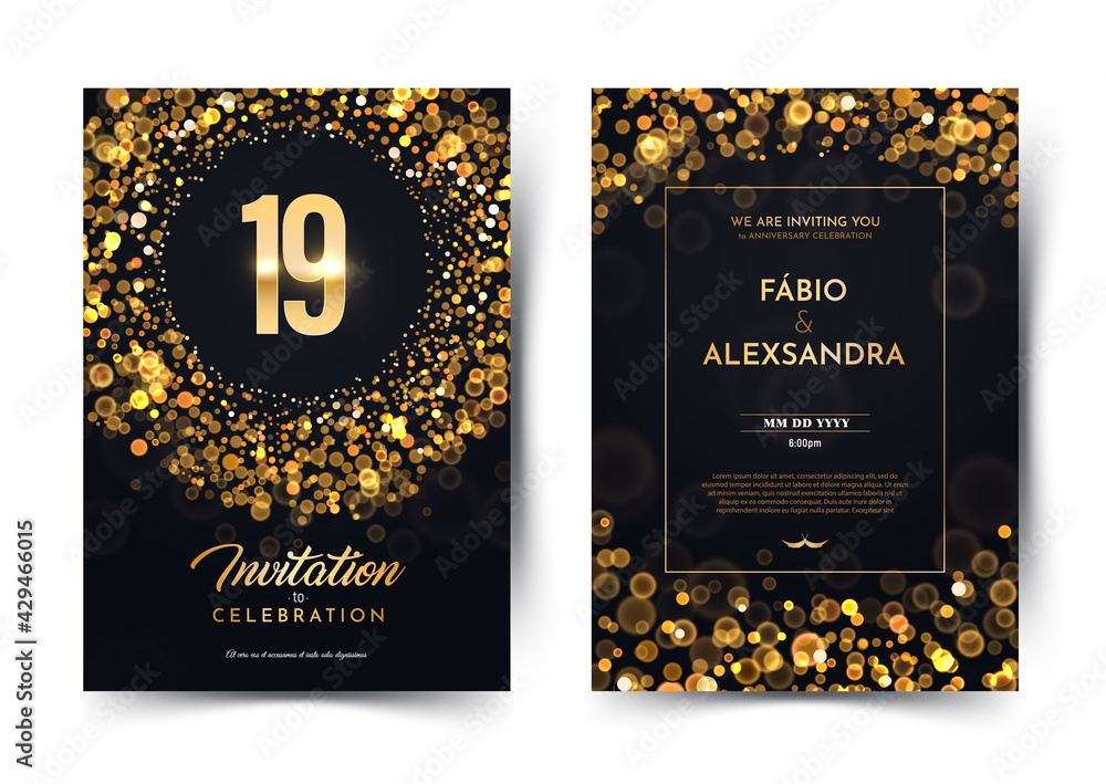 19th years birthday vector black paper luxury invitation double card.  Nineteen years wedding anniversary celebration brochure. Template of  invitational for print on dark background with bokeh lights Stock Vector |  Adobe Stock