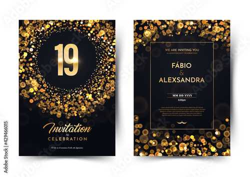 19th years birthday vector black paper luxury invitation double card. Nineteen years wedding anniversary celebration brochure. Template of invitational for print on dark background with bokeh lights