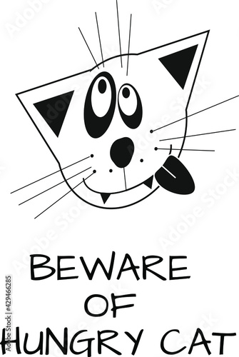 Beware of hungry cat illustration, crazy wild cat face, cat going nuts, funny mad animal cartoon, hunger attack, psycho tongue out cat 