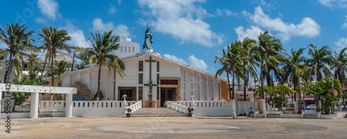 Beautiful view of the catholic church. Iglesia de la Inmaculada Concepcion, on Isla Mujeres, Mexico, panorama