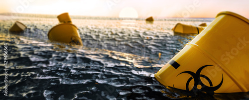 Barrel of radioactive and biological waste into the sea, nature pollution, pollution of the ocean and the sea. 3d render photo
