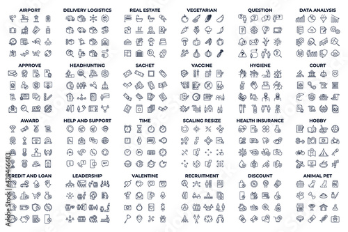 384 modern thin line icons. High quality pictograms. Linear icons set of Airport, animal pet, approve, hobby, etc symbol template for graphic and web design collection logo vector illustration