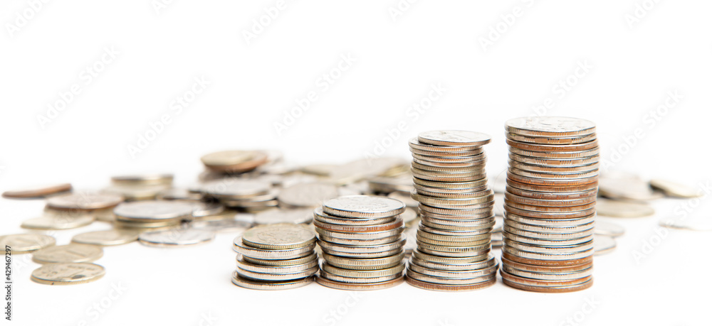 Coins isolated on a white background . Business and finance. Lots of coins. Copy space. Coins isolated on a white background . Business and finance. Lots of coins. Copy space.