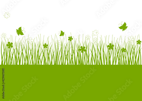Spring summer background with green grass, flowers, butterflies and place for text for natural design © Mint and Berry