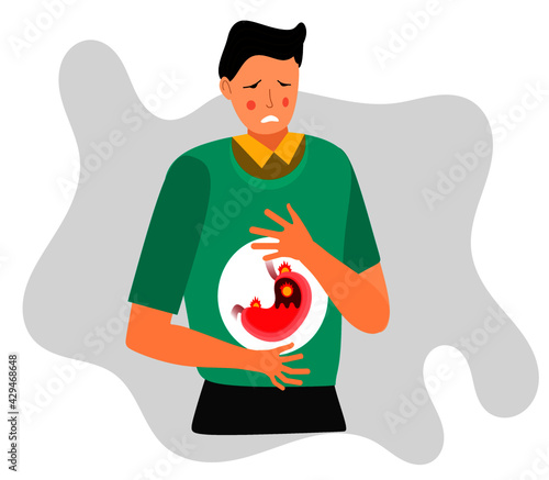 Man Person with Acid Reflux, Heart Burn Acidicity in Heartburn. Gastric disease, stomach problem. cartoon having disease, feeling pain bloating abdomen gastroesophageal reflux high acid vector, GERD