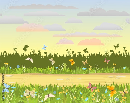 Blooming meadow close up. Road. Seamless. Dense grass  chamomile and butterflies. Isolated on white background. Seamless background illustration. Summer landscape with wildflowers. Vector