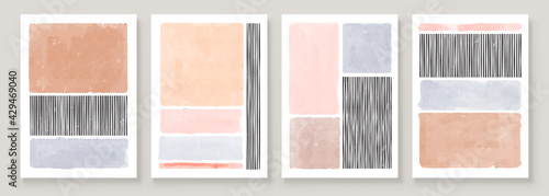 Set of Abstract Hand Painted Illustrations for Wall Decoration Art, Postcard, Social Media Banner, Brochure Cover Design Background. Modern Abstract Painting Artwork. Vector Pattern
