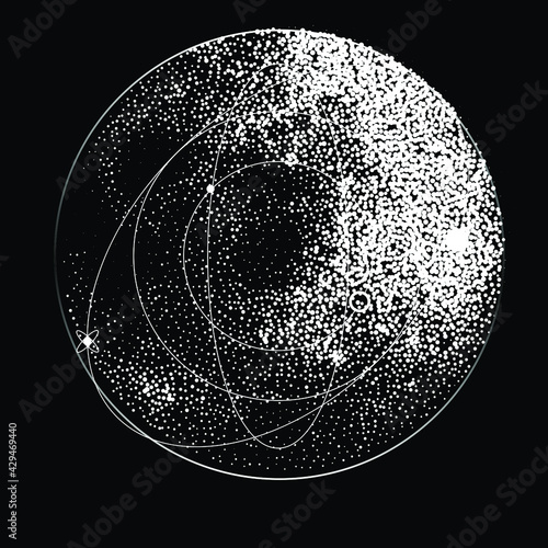 The moon glows in the dark black sky. Vector illustration in dotwork style.
