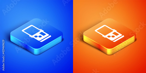 Isometric Portable tetris electronic game icon isolated on blue and orange background. Vintage style pocket brick game. Interactive playing device. Square button. Vector