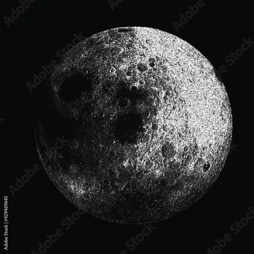 The moon glows in the dark black sky. Vector illustration in dotwork style.