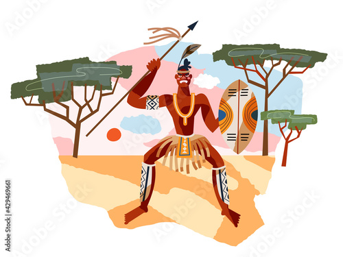 African tribal man with spear and shield. Angry warrior standing in nature vector illustration. Young guy with weapon. Traditional elements, jungle with trees, sun background