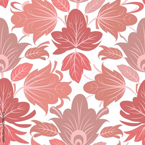 Floral floral ornament. Seamless pattern. Pink leaves of strawberries and currants. Symbolic flat style. The illustration is isolated on a white background. Vector.