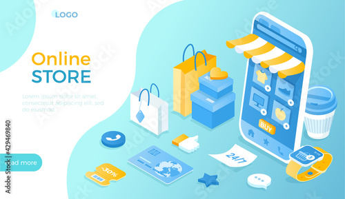 Store online. Internet shopping, e-commerce, 24 hour service. Online ordering of groceries, clothing, electronic devices, medicines. Shop mobile application. Vector illustration for website.