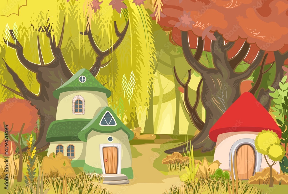Fairy-tale houses against the backdrop of a forest landscape. A clearing and a path among the trees. Suburban rural village scene. Cartoon flat style. Illustration vector
