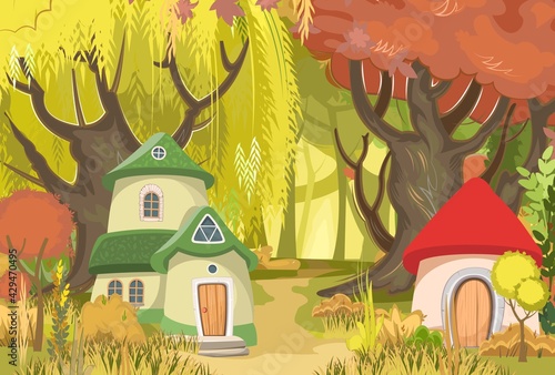 Fairy-tale houses against the backdrop of a forest landscape. A clearing and a path among the trees. Suburban rural village scene. Cartoon flat style. Illustration vector