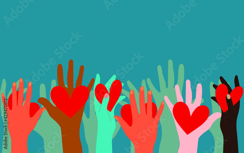 Volunteers, social workers, ordinary people hold hearts in their palms. Unity, cohesion of a multinational society. Charity, voting, donations, social assistance. Blue deep background. Vector graphics