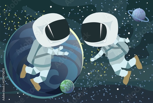 Space landscape with astronauts in space suits. Dark starry sky with planets. Cartoon flat style. Illustration vector