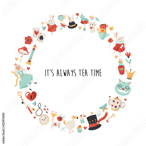Colorful compositions with characters, symbols of Alice in Wonderland. Vector design, illustration