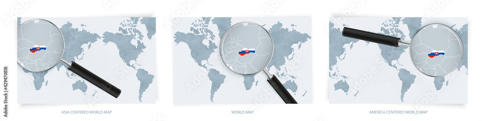 Blue Abstract World Maps with magnifying glass on map of Slovakia with the national flag of Slovakia. Three version of World Map.