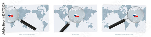 Blue Abstract World Maps with magnifying glass on map of Czech Republic with the national flag of Czech Republic. Three version of World Map.