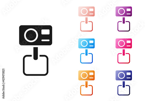 Black Action extreme camera icon isolated on white background. Video camera equipment for filming extreme sports. Set icons colorful. Vector