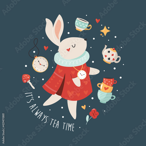 Colorful composition with White Rabbit from Alice in Wonderland