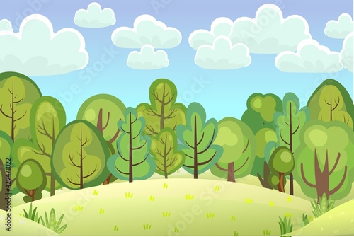 A glade on a hill in the forest. Flat cartoon style. Rural landscape with dense thickets. Bright summer sky with clouds. Vector