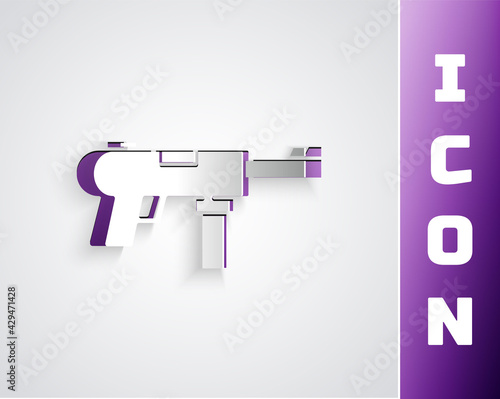 Paper cut Submachine gun M3, Grease gun icon isolated on grey background. Paper art style. Vector