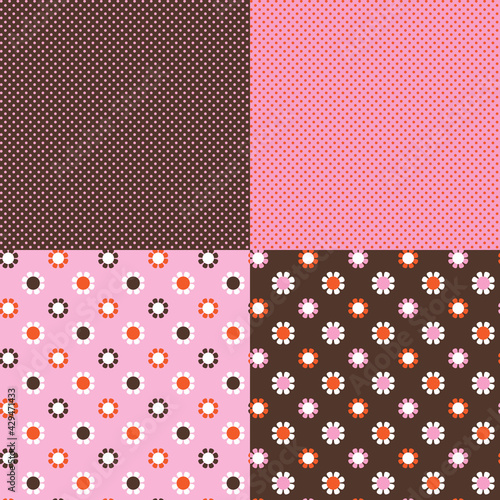 seamless pink orange brown polka dot and mod daisy vector patterns
