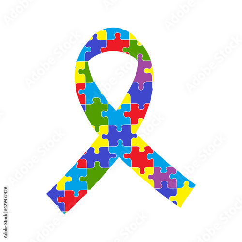 Autism awareness ribbon with colorful jigsaw puzzle. Vector flat illustration.