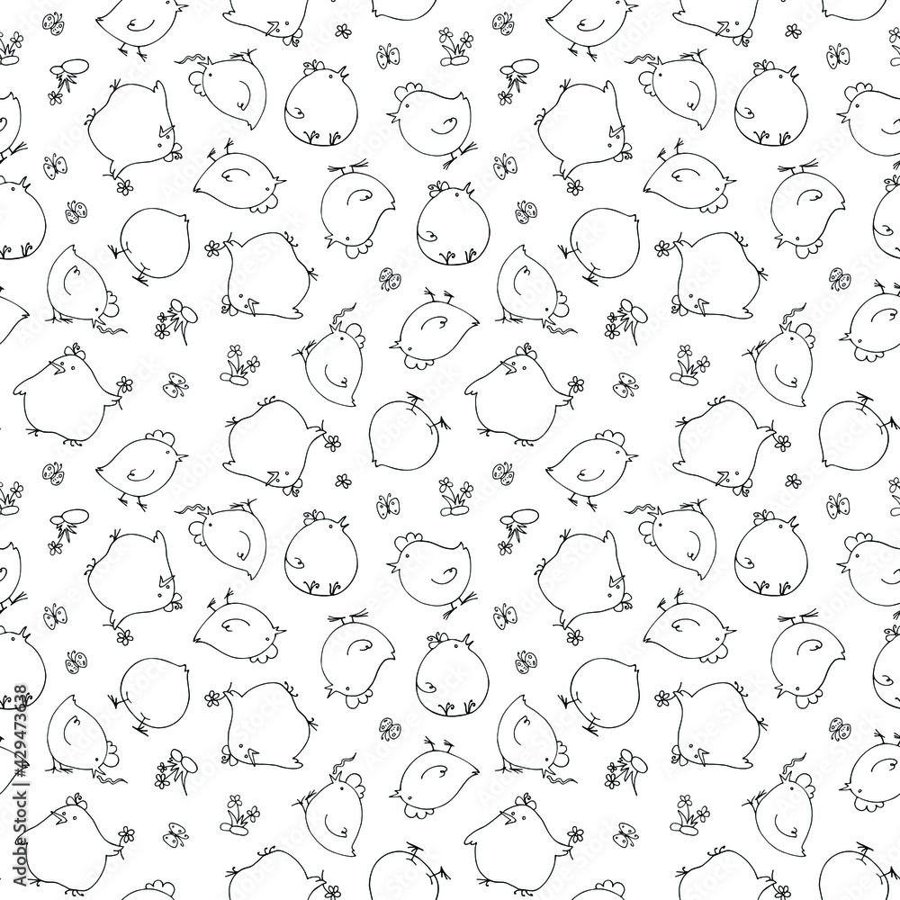 black and white continuous pattern with funny chickens, doodle style