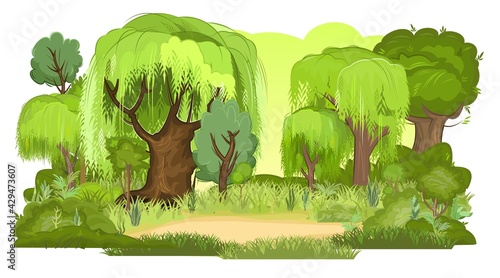 Glade in the summer forest. Willows and oaks in the grass. Flat cartoon style. Rural landscape with dense thickets. Isolated illustration on a white background. Vector