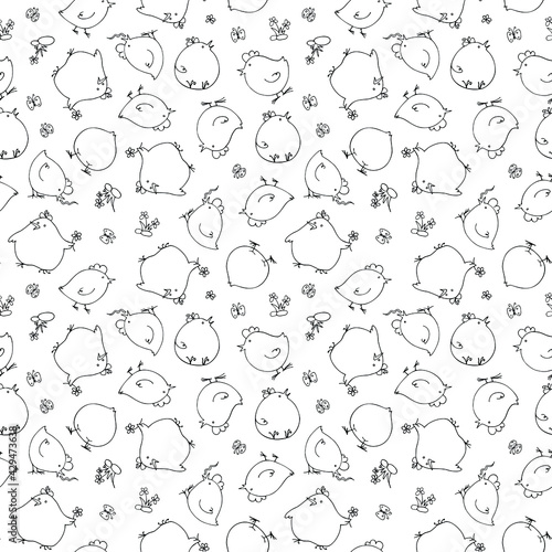 black and white continuous pattern with funny chickens  doodle style