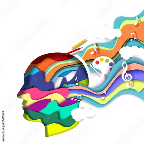 Paper cut man head with abstract vibrant shapes, vector illustration. Creative mind, art, thinking. Creative artist logo