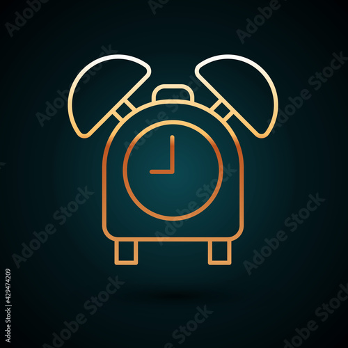 Gold line Alarm clock icon isolated on dark blue background. Wake up, get up concept. Time sign. Vector