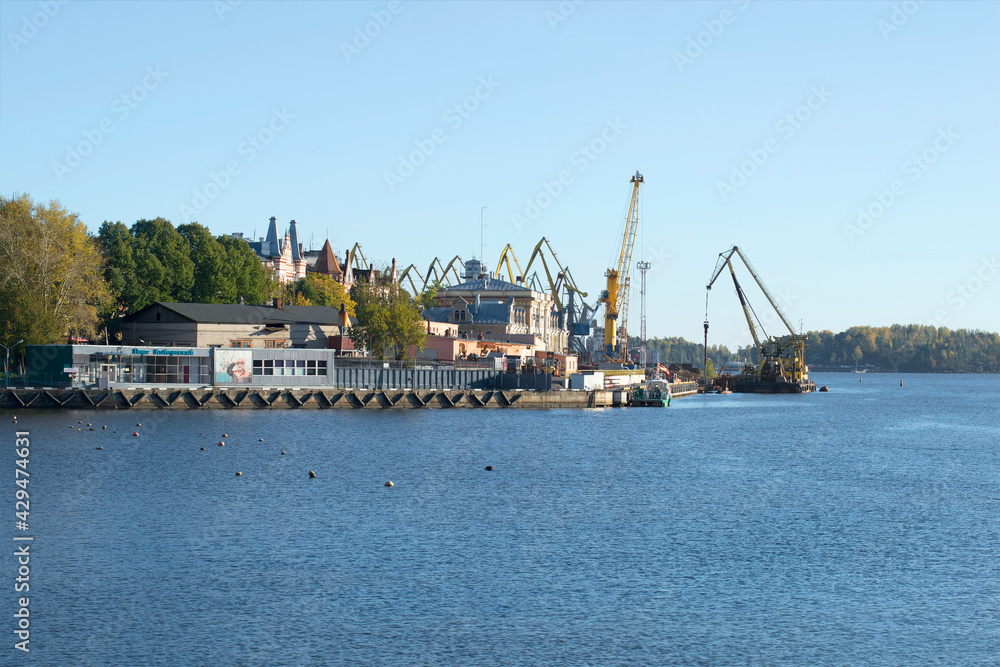 View of the Vyborg cargo port on an October day. Leningrad region