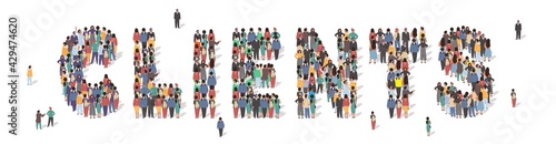 Large group of people standing together forming Clients word, flat vector illustration. Customer services. Business.