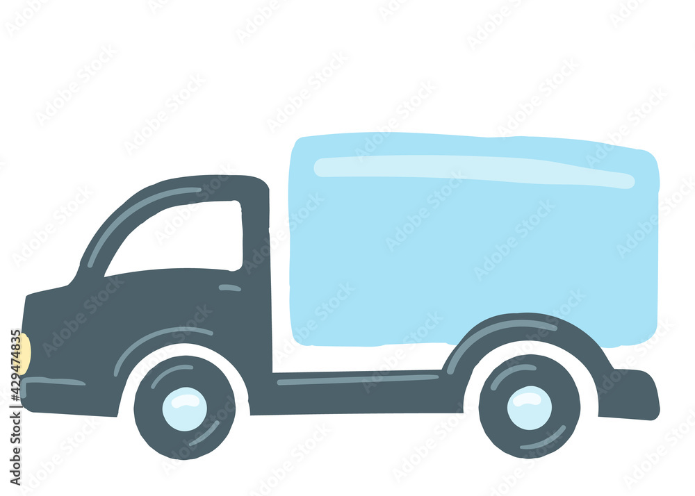 the truck is blue. isolated car. hand drawn cartoon style, vector illustration. transportation of goods by van.