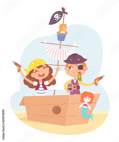 Little children as pirates having adventure in ship. Cute boy and girl with pistols in boat sailing in sand on island vector illustration. Captain with sailor, kids as characters on white background
