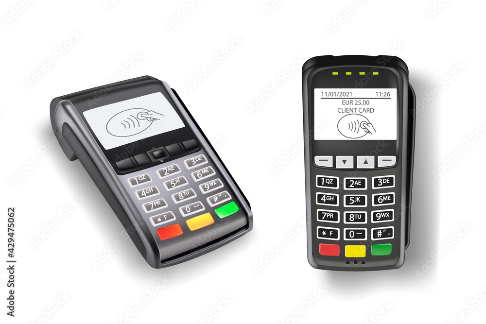 Payment terminal machine for credit cards set. Two electronic wireless readers for purchases vector illustration. Contactless technology for transactions isolated on white background - obrazy, fototapety, plakaty 
