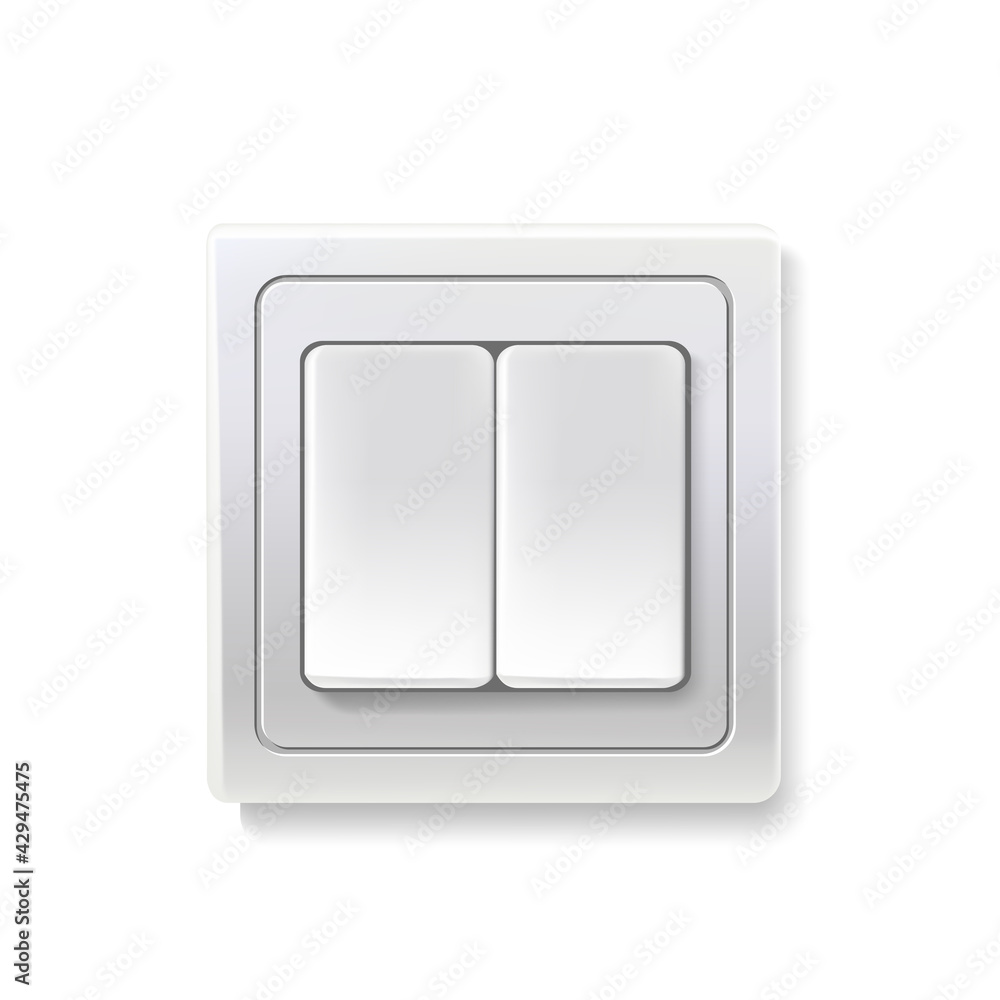 Switch with double buttons. Electric power connector of square shape for light production vector illustration. Modern realistic household device isolated on white background Switch with double buttons. Electric power connector of square shape for light production vector illustration. Modern realistic household device isolated on white background