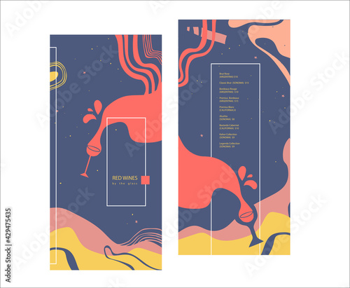 Red wines by the glass. Drinks menu. Pre-made abstract composition. Flat style with lines, abstract spots. Hand-drawn decorative elements. Vector template for menu, list, banner, booklet, flyer. 