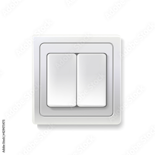 Switch with double buttons. Electric power connector of square shape for light production vector illustration. Modern realistic household device isolated on white background